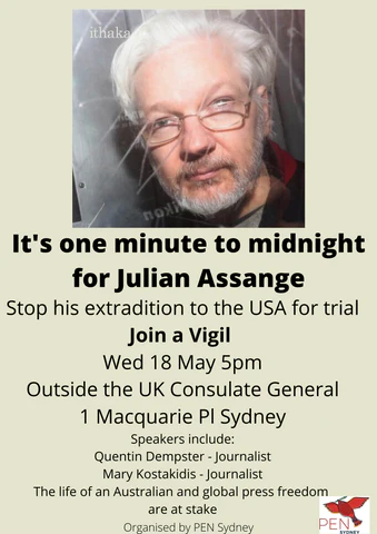 Vigil for Assange Wed 18 May 5pm outside the UK High Commission