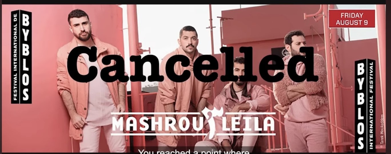 Members of the band Mashrou' Leila with the word Cancelled over their photos